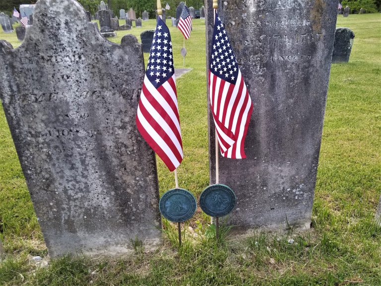 Two flags in front of Revolutionary War Veterans graves at Lower Marsh Creek Church honors our heroes for Gettysburg Memorial Day..