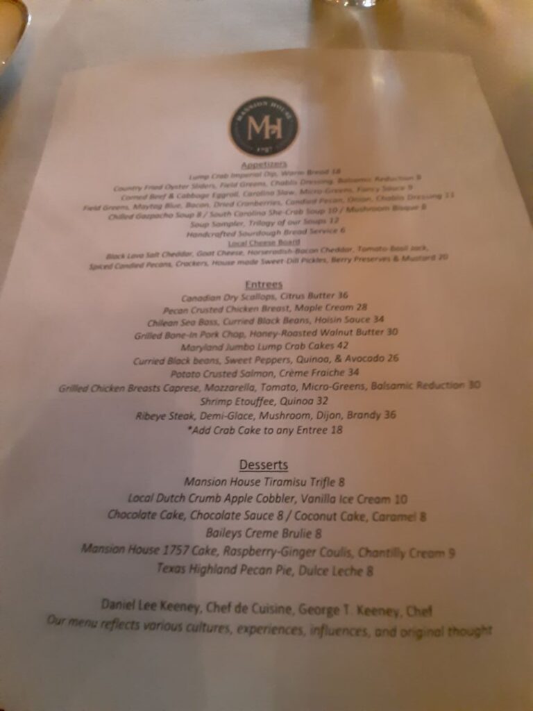 The Mansion House menu.