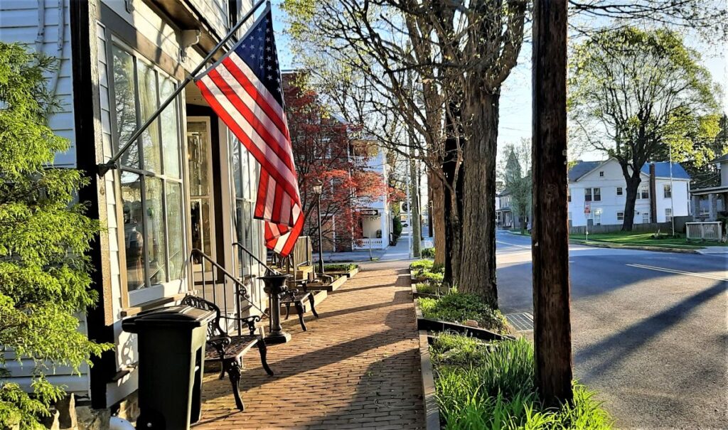 An american flag hangs outside one of the best retaurants in Fairfield, the Book and Table.