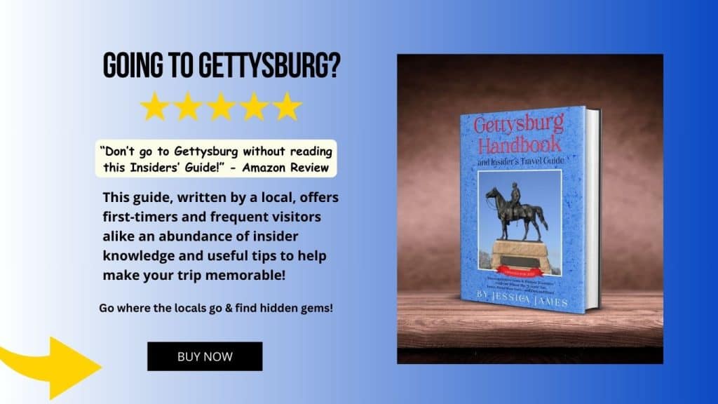 A blue graphic that shows a blue book cover with a statue of a horse and soldier that says Going to Gettysburg? and advertises the Gettysburg handbook.