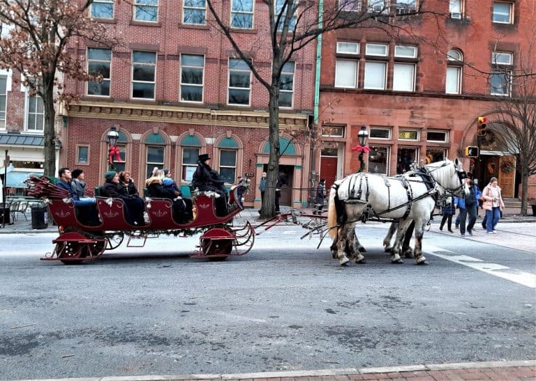 A two-horse team with gray horses, pulls a red carriage with 8 people in it down a main street in Bethlehem PA.