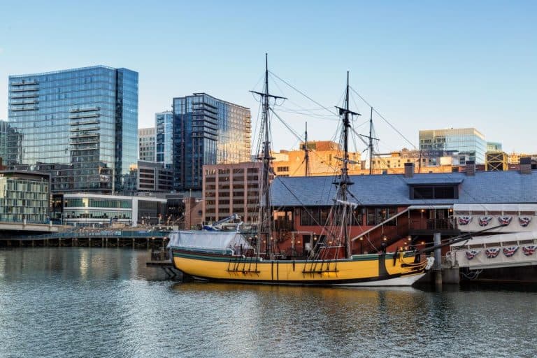 A replica of an old ship sits in front of a museum where the Boston Tea Party anniversary will be celebrated in December.
