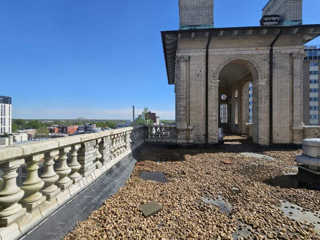 The view from the veranda area at The Jefferson Hotel shows the skyline of Richmond.