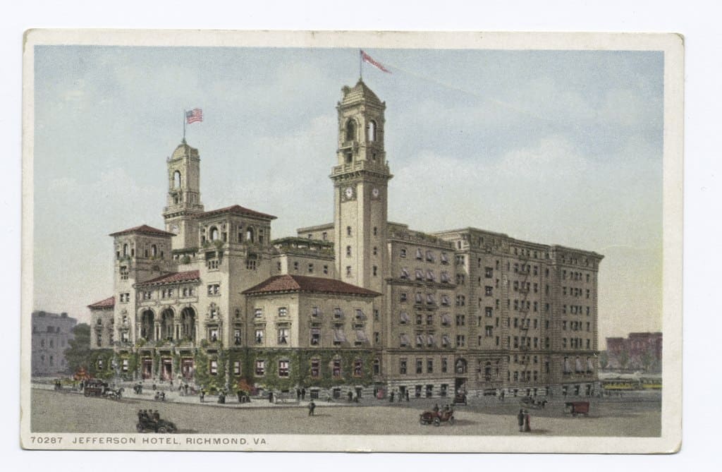 Vintage postcard showing the iconic Jefferson Hotel in Richmond with its large clock tower featured.