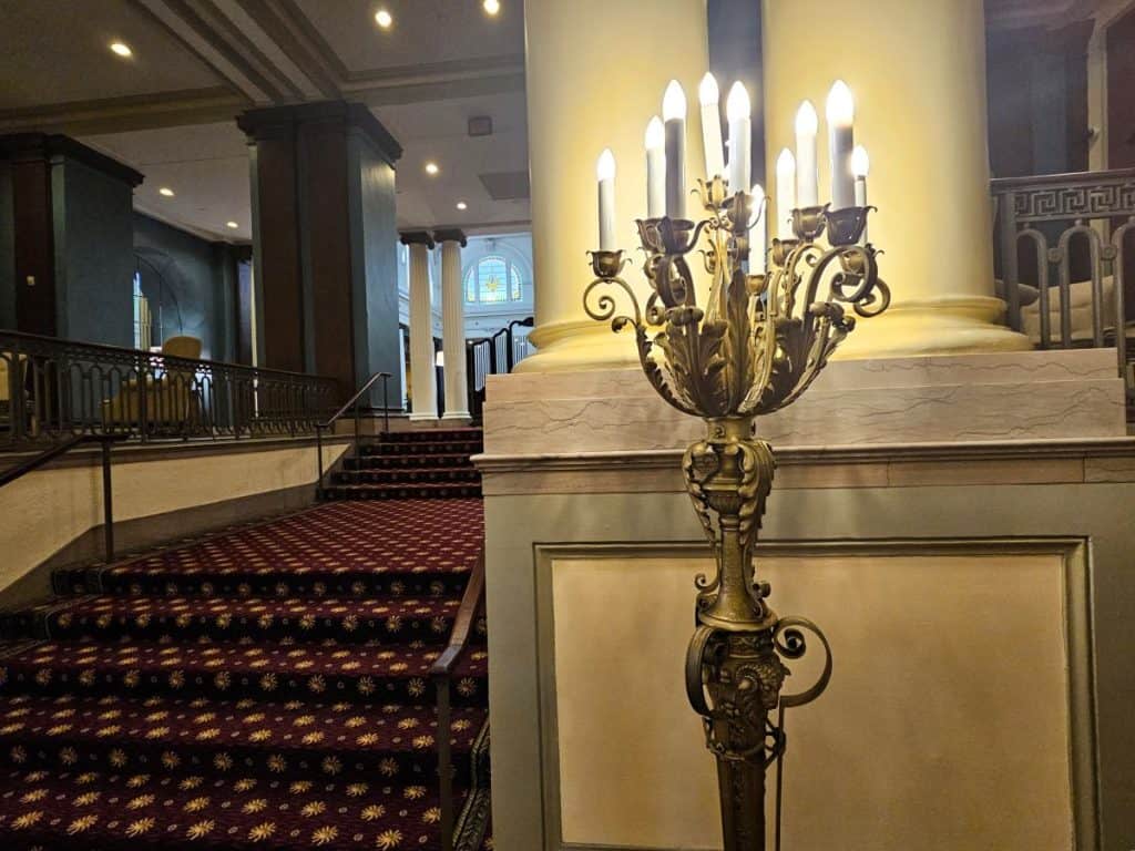 An old candelabra gives a nod to the past at the Jefferson Hotel.