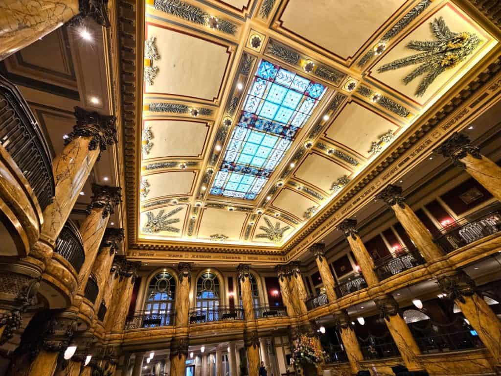 The skylight in the Rotunda level at The Jefferson Hotel along with the ornate columns.