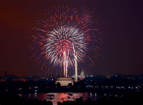 A Fourth of July celebration with fireworks exploding in a night sky celebrating Americas birthday.