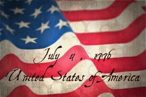 A picture of an American flag with the words July 4, 1776, United States of America.