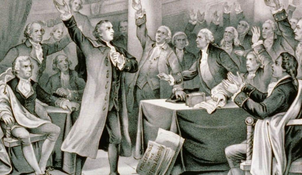 An old black and white drawing of Patrick Henry giving his Give Me Liberty Or Give Me Death speech.