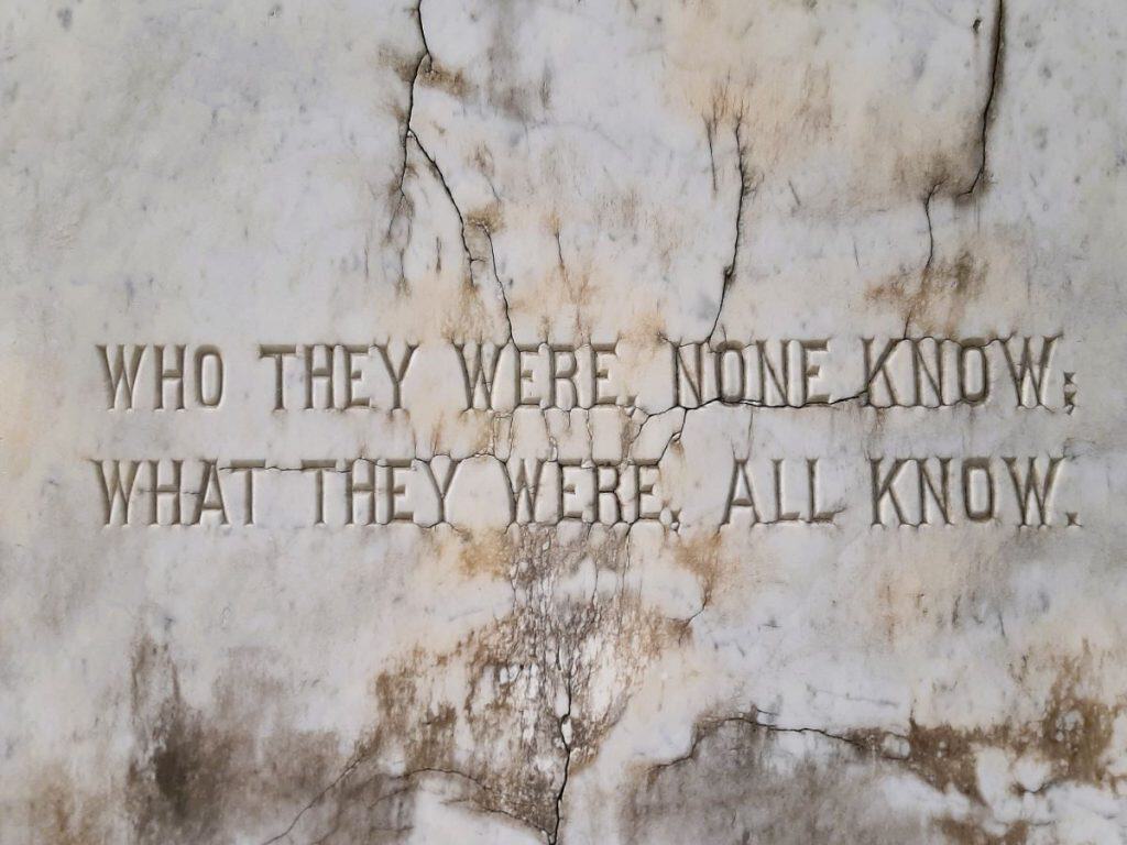 An engraving about the unknown dead buried at the Stonewall Cemetery.