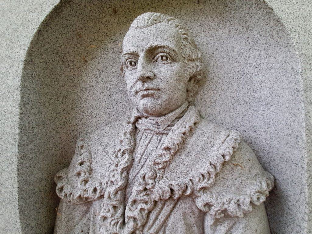A closeup of the engraving of Daniel Morgan as seen on his tombstone in Mount Hebron Cemetery.