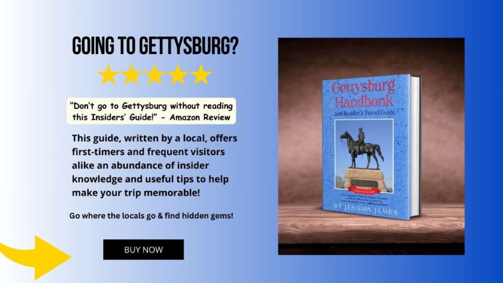 A blue graphic with a book about Gettysburg and telling reasons why to buy the book.
