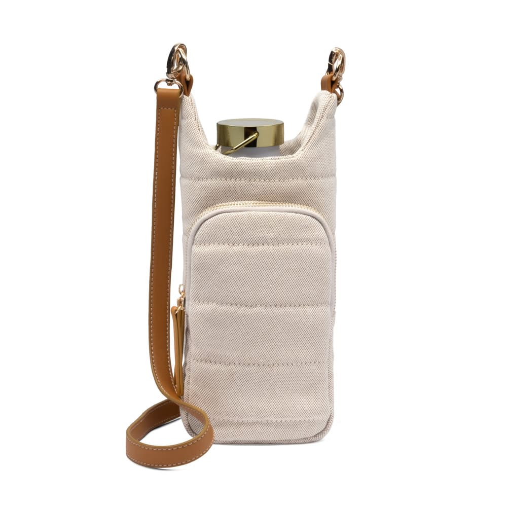 Hydrating bag is a skinny bag with a bottle in it.