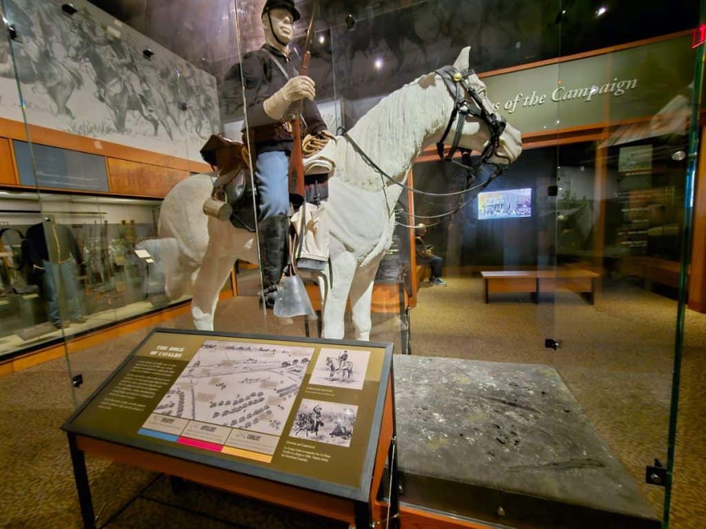 A Union soldier on a white horse is an exhibit at the Visitor Center that is a great place to go when visiting Gettysburg in the spring.
