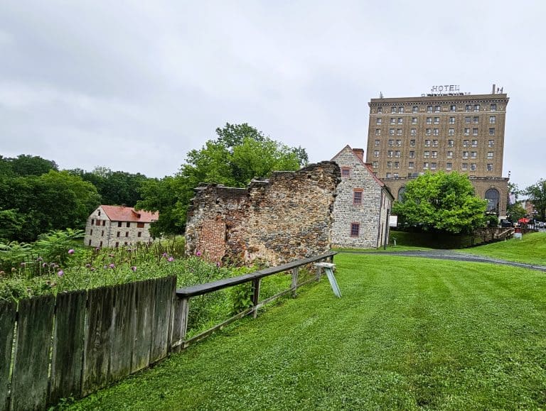 Part of the industrial park created by the Moravians is seen next to the Hotel Bethlehem, which sits adjacent to the UNESCO World Heritage Site in Bethlehem, PA>