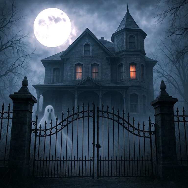 A full moon rises over a haunted hotel behind an iron gate with a ghost.