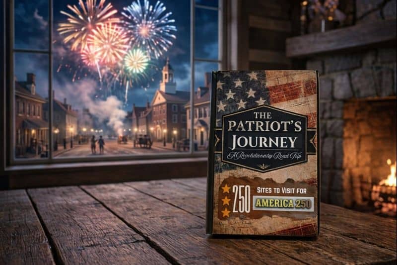 A red, white and blue book on a wood table with fireworks in the window.